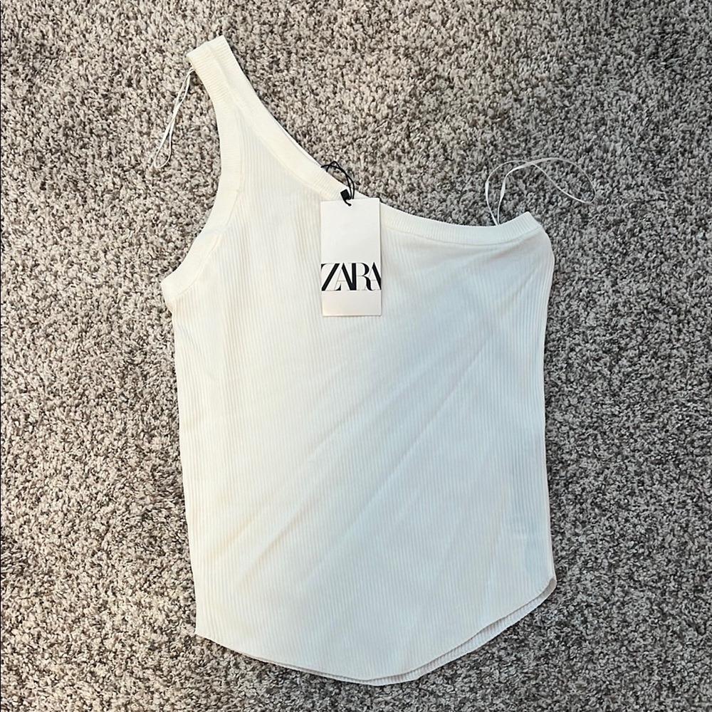 Zara White Ribbed One-Shoulder Top